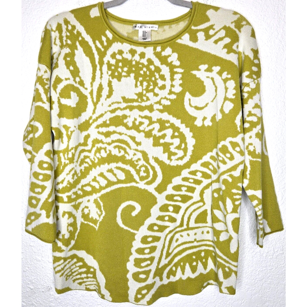 Max Studio Sweater Womens Small Green Ivory Paisley Knit Retro‎ Boho Artsy Top